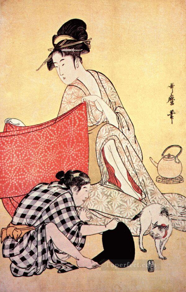 mujeres haciendo vestidos 2 Kitagawa Utamaro Ukiyo e Bijin ga Pintura al óleo